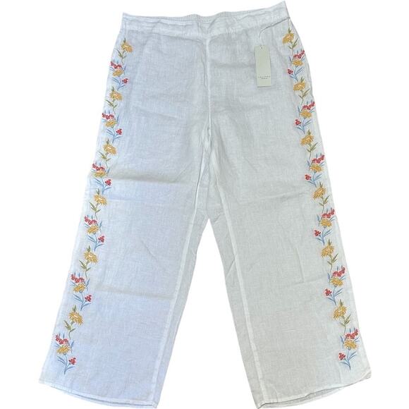 CALYPSO St. Barth Linen Wide Leg Pants White Floral Embroidered Boho Size L - Picture 1 of 8